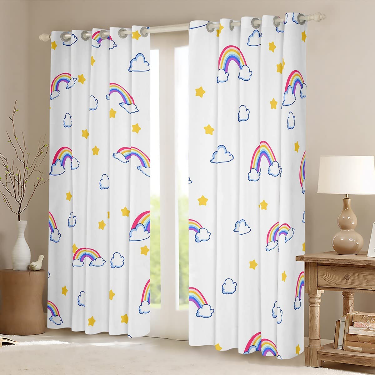 Loussiesd Girls Rainbow Blackout Curtains for Bedroom and Living Room - Colorful Stripes Polar Dot Window Treatments with Opacity, Pink Dreapes Room Decor W46*L54