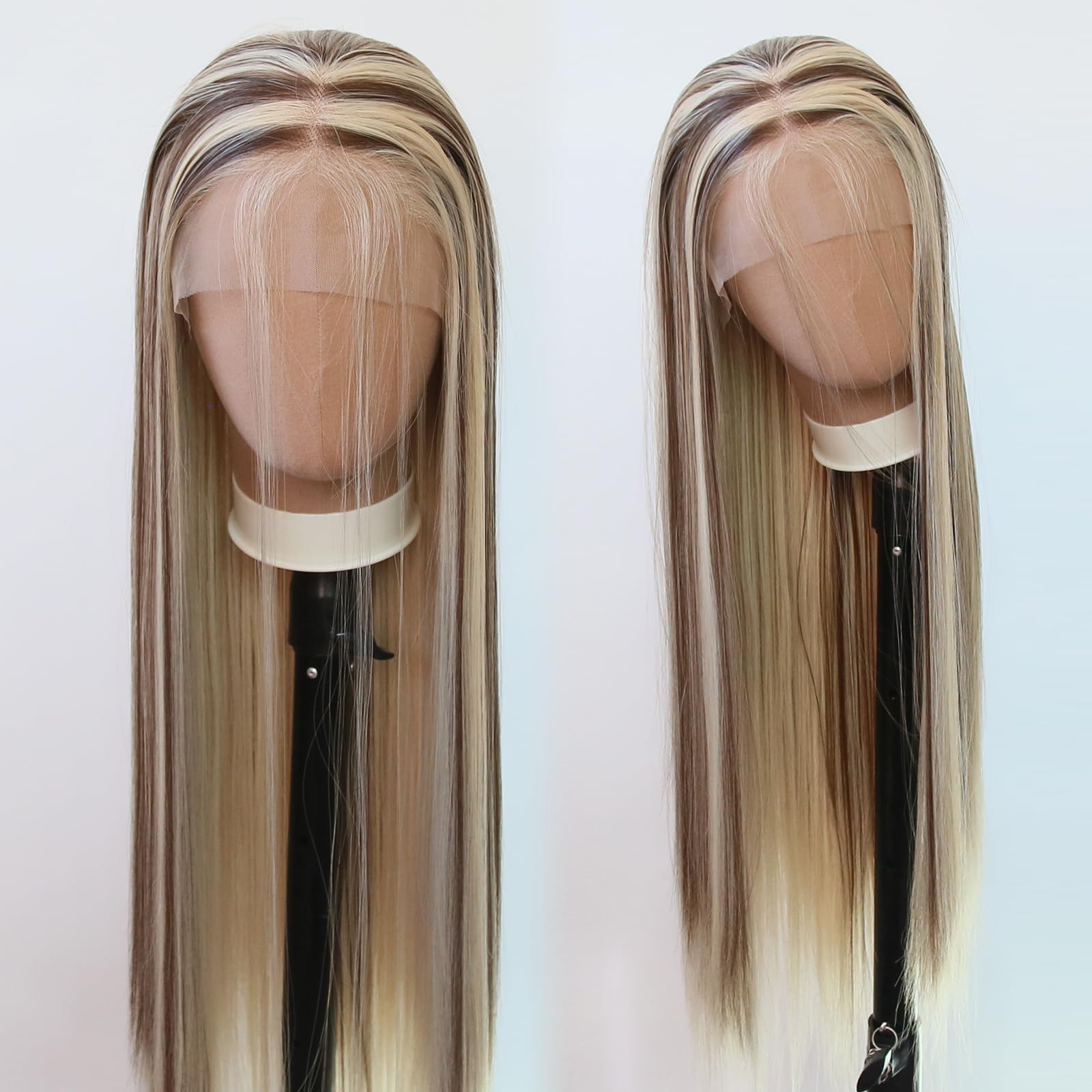 Towarm Balayage Wig Blonde #613 Highlight Brown Long Straight Synthetic Lace Front Wigs for Black Women #613/#8 Middle Part 13x3inch Natural Hairline Cosplay Daily Wear (#613 Highlight #8)