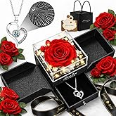 cdco Valentines Day Gifts for Her Women Girlfriend Wife Fiancée - Preserved Real Rose with Heart Necklace “I Love You” in 100 Languages, Valentine's Forever Flowers