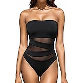 Holipick Women Strapless Bandeau One Piece Swimsuits Sexy Mesh Cutout Bathing Suits Tummy Control Swimwear