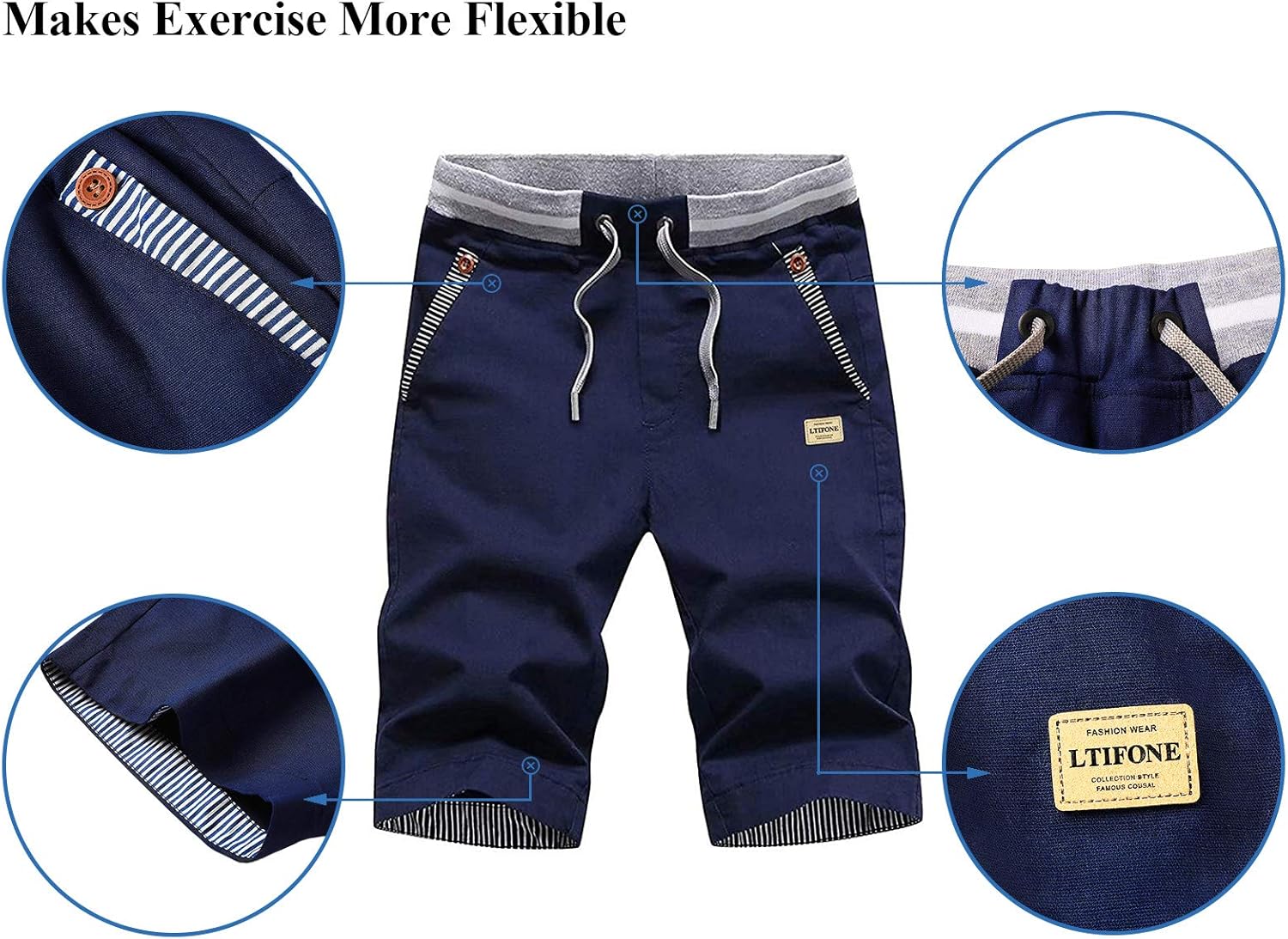 LTIFONE Mens Shorts Casual Regular Fit 9" Inseam, Cotton, Drawstring, Summer Beach Shorts, Skate with Elastic Waist and Pockets at  Men’s Clothing store