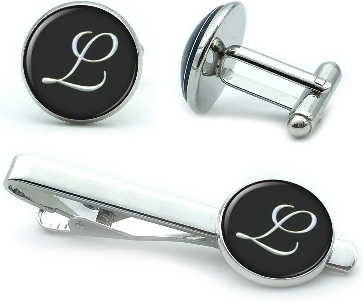 B Seve Mens' Personalized Initial Set of Cufflinks and Tie Clip Silver Suit Letter Cuff Link with Giftbox A-Z