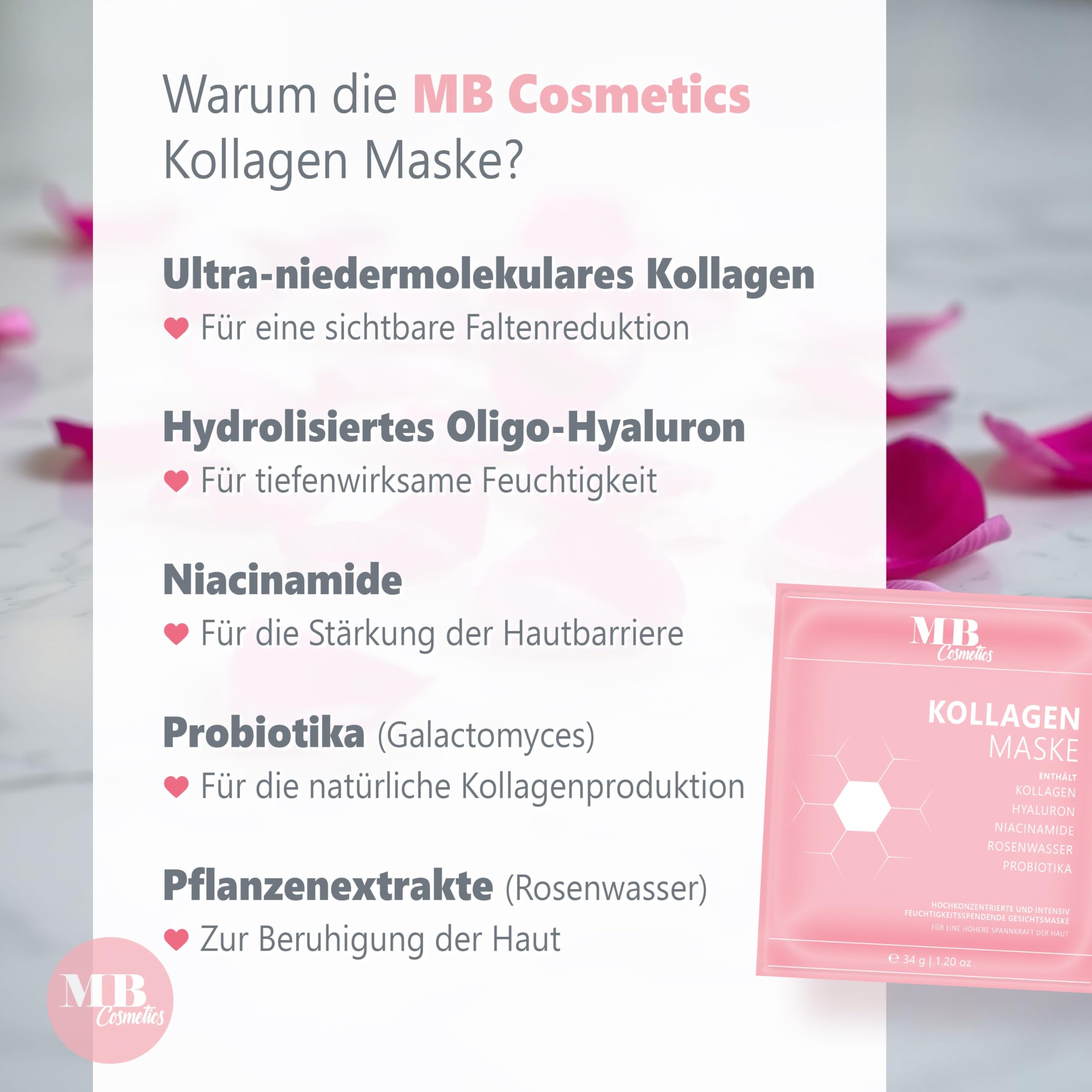 Kollagen Maske mit Hyaluron, Niacinamiden und Probiotika-Komplex für eine straffere Haut. Hydrogel Gesichtsmaske zur Faltenreduktion und Feuchtigkeitspflege. Ultra-hochkonzentriert mit 52.000 ppm. 5