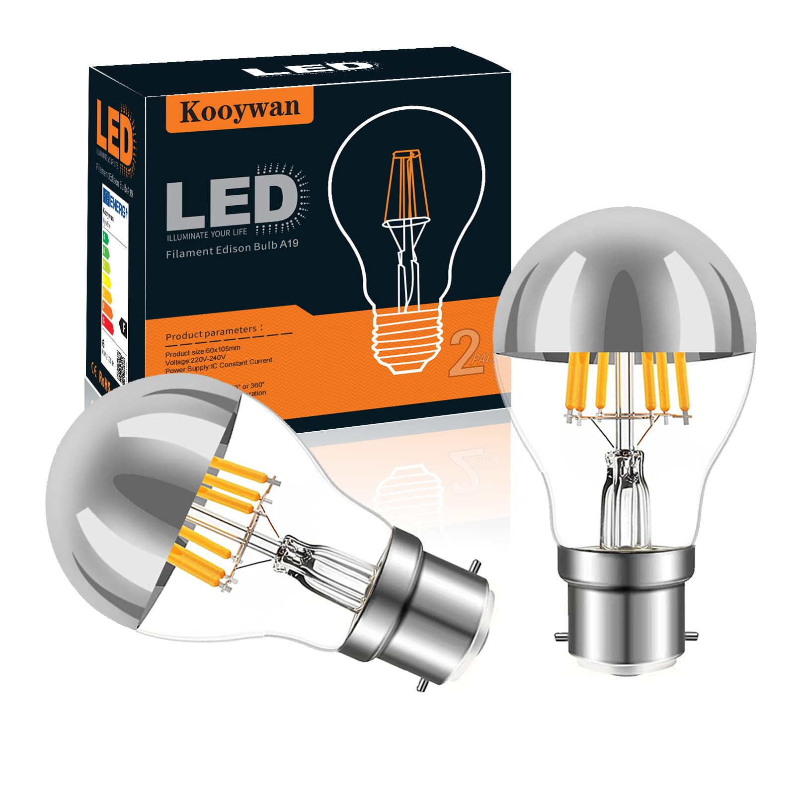 KOOYWAN B22 Bayonet Silver Crown Light Bulb-Dimmable 6W A60 A Shape Decorative Classic LED Edison Bulb Silver Mirror Tipped Reflected Light 2700K Warm White-Pack of 2