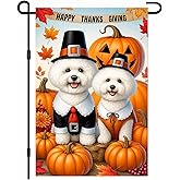 IVN Fall Thanksgiving Garden Flag 12x18 Inch Double Sided White Dogs Pilgrim Outfits Pumpkins Fall Yard Flag for outside Home Front Door Lawn Porch Patio Welcome Decor