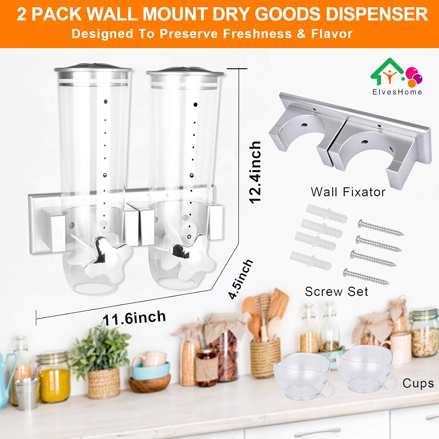 2PK Food Dispenser Wall Mount Double Dry Cereal Dispensers with 2 Cork& 2 Cup Convenient Storage Dual Control for Nuts Coffee Beans Trail Mix Candy Granola Rice Pasta Container 7.5Oz Each Cereals Bank: Kitchen & Dining