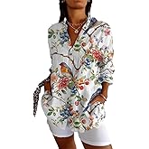 domirica Boho Floral Linen Shirt for Women Elegent Rolled Three-Quarter Sleeves V Neck Collar Flowing Blouse
