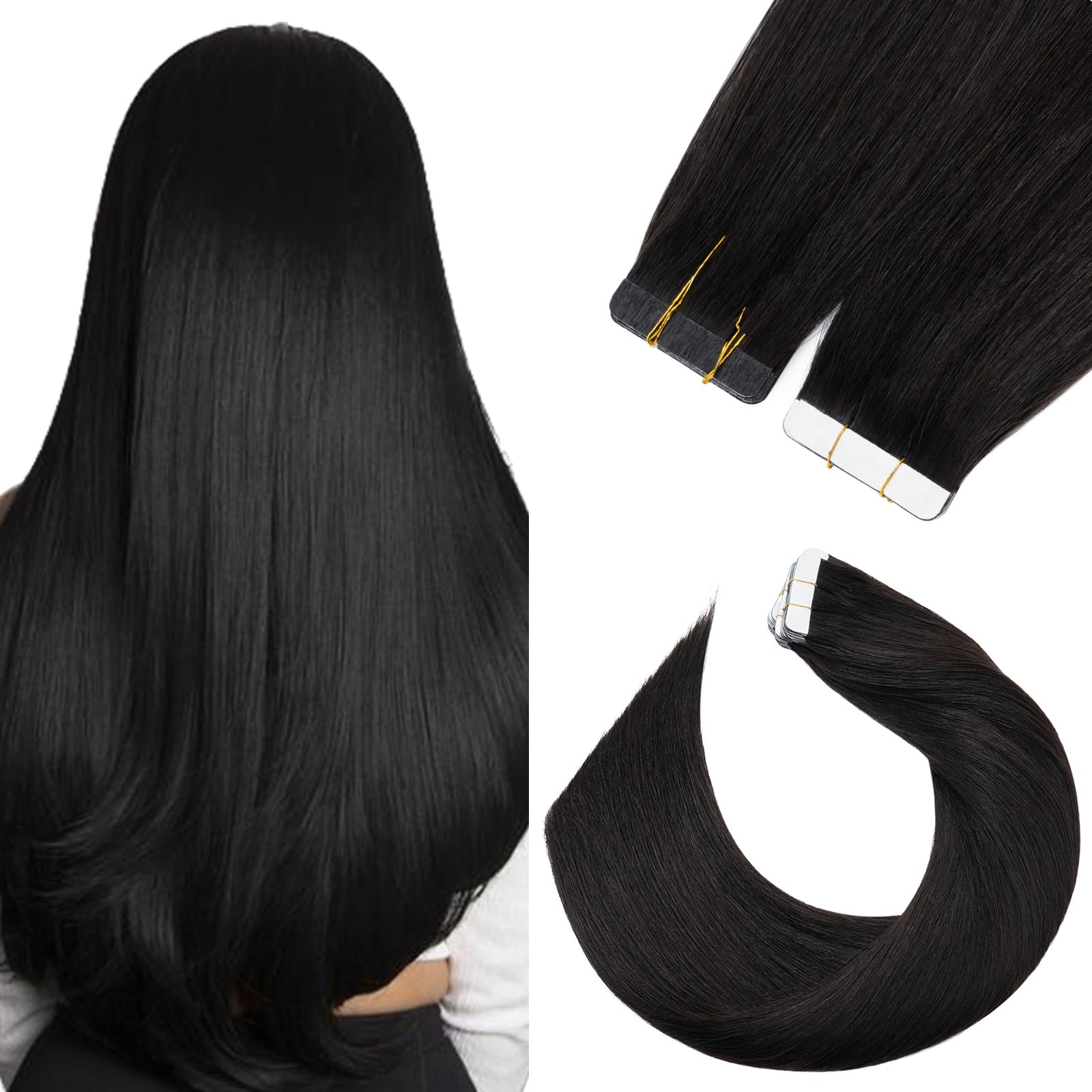 Tape in Hair Extensions Human Hair 20 Pcs #1B Natural Black Real Remy Hair Extensions Tape in 18inch