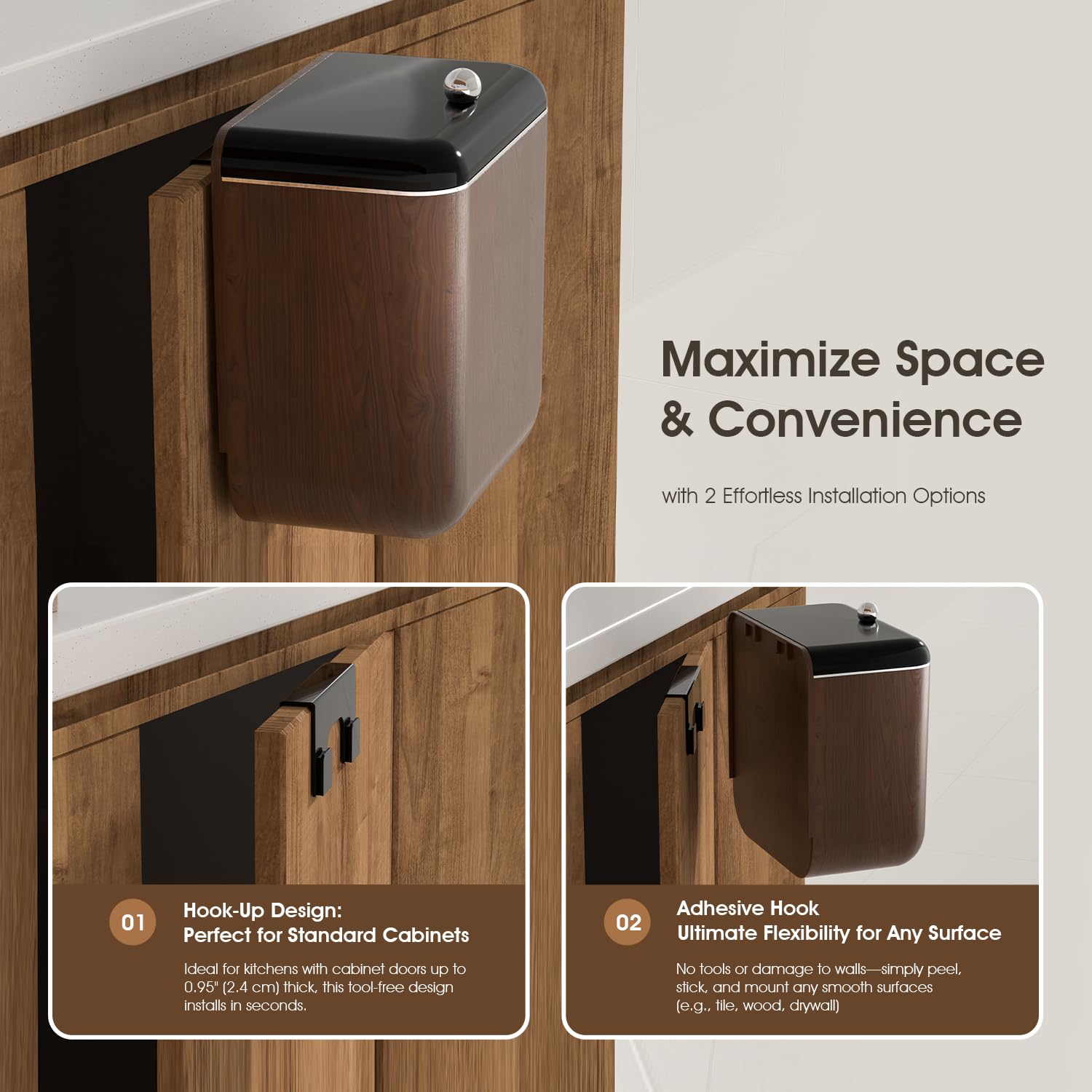 ZNYOPA Vintage Kitchen Trash Can with Lid, Large 3.2 Gallon/12 Liter Capacity, Hanging Compost Bin, for Under Sink or Cupboard, Bathroom, Bedroom, Walnut Color