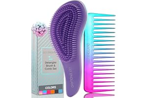 Lily England Detangler Brush & Hair Comb Set - Lightweight Hair Brush & Wide Tooth Comb for Women & Kids - Smooth Detangling Brush & Comb for Curly Hair, Straight, Dry, Fine, & Thick Hair, Purple