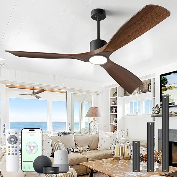 BOOSANT CEILING FANS WITH LIGHTS, CEILING FANS WITH LIGHTS AND REMOTE, 60 INCH MODERN SMART CEILING FAN WITH LIGHT, OUTDOOR CEILING FANS FOR PATIOS 3 BLADE BEDROOM LIVING ROOM PORCH(DARK WALNUT)