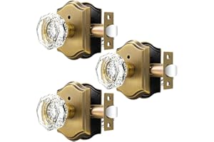 Orger Octagonal Crystal Door Knobs 3 Pack, Interior Privacy Door Handle for Bed/Bathroom with Pin Lock Inside, Antique Bronze Vintage Rosette Door Knob with Heavy Duty Genuine Glass
