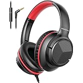 Botesty Sound Headphones Wired with Microphone, Over Ear Foldable 3.5mm Plug in Headphones Corded with 4.9ft Tangle-Free Nylon Cord for Tablet, Laptop, MP3/4, School, Airplane Travel (Black Red)