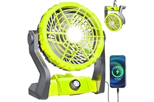 DRCHOP 10400mAh Rechargeable Battery Powered Fan, Camping Fan with LED Lantern, Battery Operated Fan, Outdoor Tent Ceiling Fan, 270° Head Rotation, Timing, Reverse Charge Function, Portable Fan for Travel