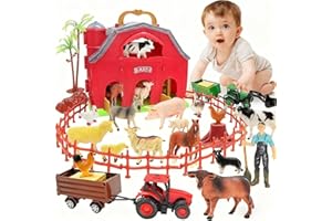BOLZRA Farm Animals Big Red Barn Toy for 1 2 3 4 5 Years Old Toddlers, Kids Farm Figures Fence Playset with Tractor, Preschool Montessori Learning Toys, Christmas Birthday Easter Gift for Boys Girls