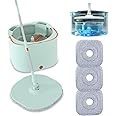 Flat Floor Mop and Bucket System Set with Wringer, Spin Mop and Bucket Separate Clean and Dirty Water with Self Separation for Hardwood, Laminate, Tile, Floor Cleaning, Wet and Dry Use, LightCyan