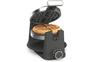 Martha Stewart Rotating Waffle Maker, 180° Flip Iron with PFAS-Free Nonstick Plates, Adjustable Timer, Ready Light, Drip Tray, Space Saving, Classic Round 7”, Easy to Clean, Stainless Steel, Caviar