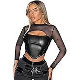 MakeMeChic Women's Faux Leather Crop Tops Y2K Cut Out Mesh Sheer Long Sleeve Mock Neck Tee Shirts