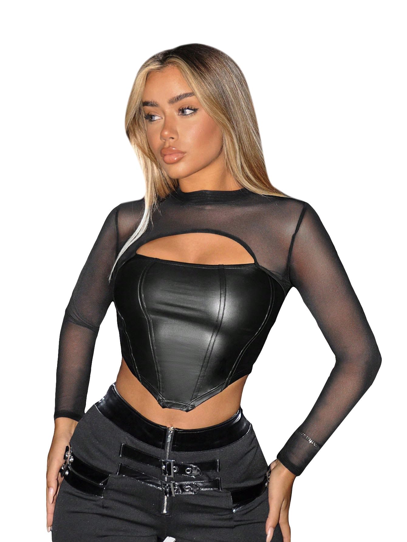 Photo 1 of MakeMeChic Women's Faux Leather Crop Tops Y2K Cut Out Mesh Sheer Long Sleeve Mock Neck Tee Shirts Black L