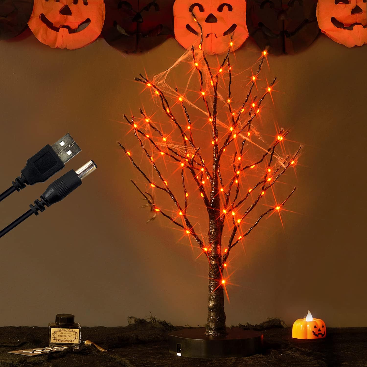 Trees - Fudios Halloween Tree Lights with Timer 80 LED Orange Lights USB Plug in or Battery Operated 18in, Lighted Spooky Black Trees Table Halloween for Indoor Home Party Decor