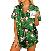 Women Satin Christmas Print Pajamas Set Short Sleeve V-Neck Button Down Shirt Ruffle Trim Drawstring Shorts Sleepwear