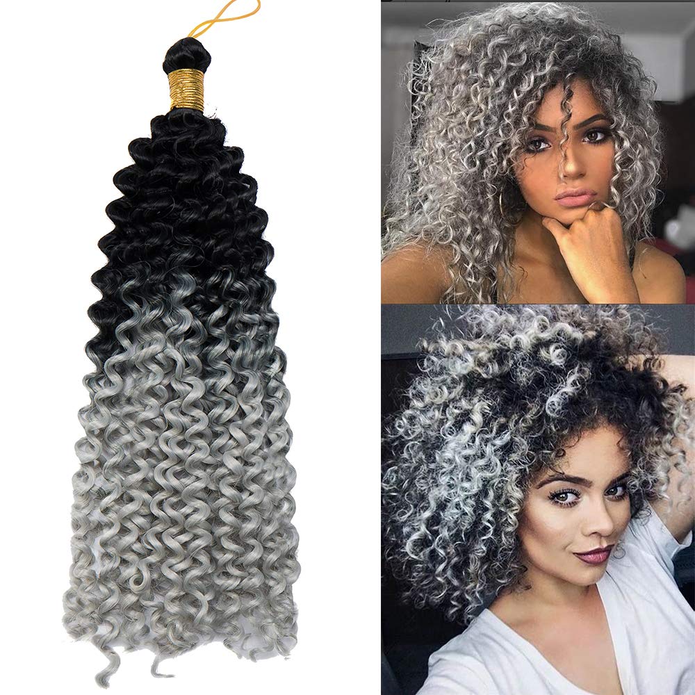 14 Inch Water Wave Marlybob Crochet Hair Twist Braids Ombre Braiding Hairpiece Synthetic Afro Weave Hair Extensions - Black to Grey