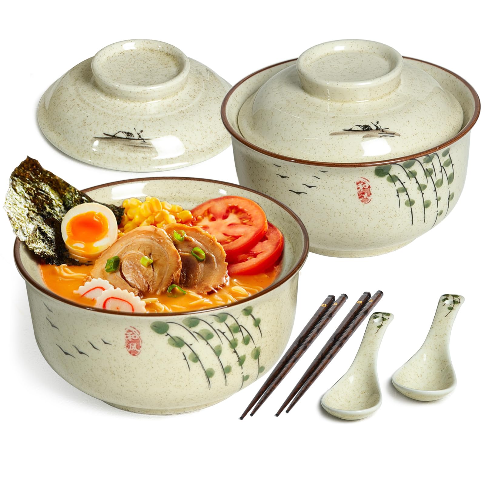 Ceramic Ramen Bowl Tableware Set for 2 Person, Japanese Style Retro Ramen Bowls Set 800ml Noodle Bowl with Chopsticks and Spoons, Asian Soup Bowls with Lid for Microwave & Dishwasher Safe, Twig