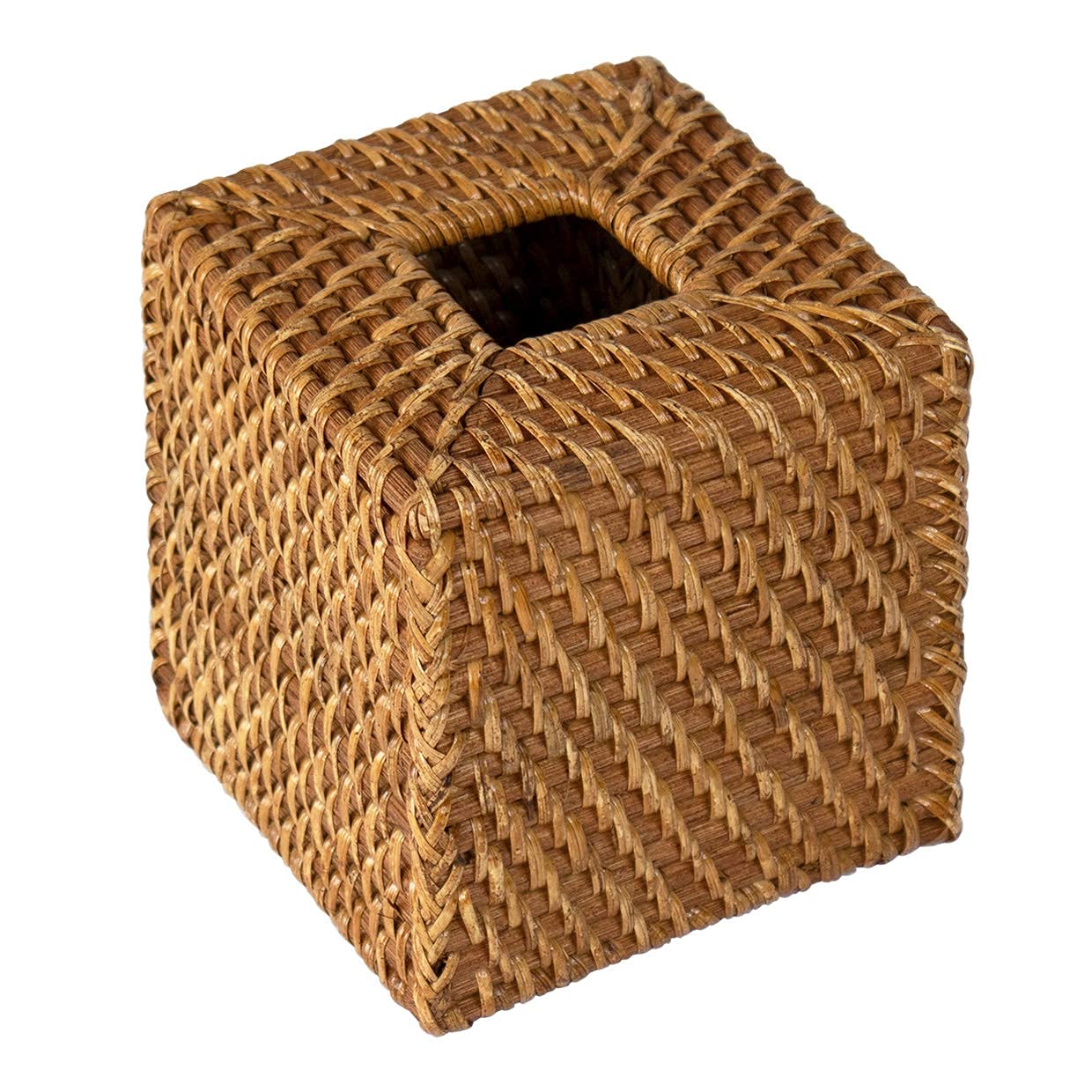MadeTerra Woven Rattan Square Tissue Box Holder for Kitchen, Bathroom, Car | Decorative Wicker Refillable Facial Paper Napkin Dispenser Holder (Honey Brown)