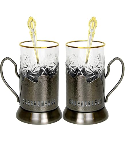 6-Piece Persian Tea Set With Pewter Holder - Persepolis Takht Jamshid Design Vintage Glass Set