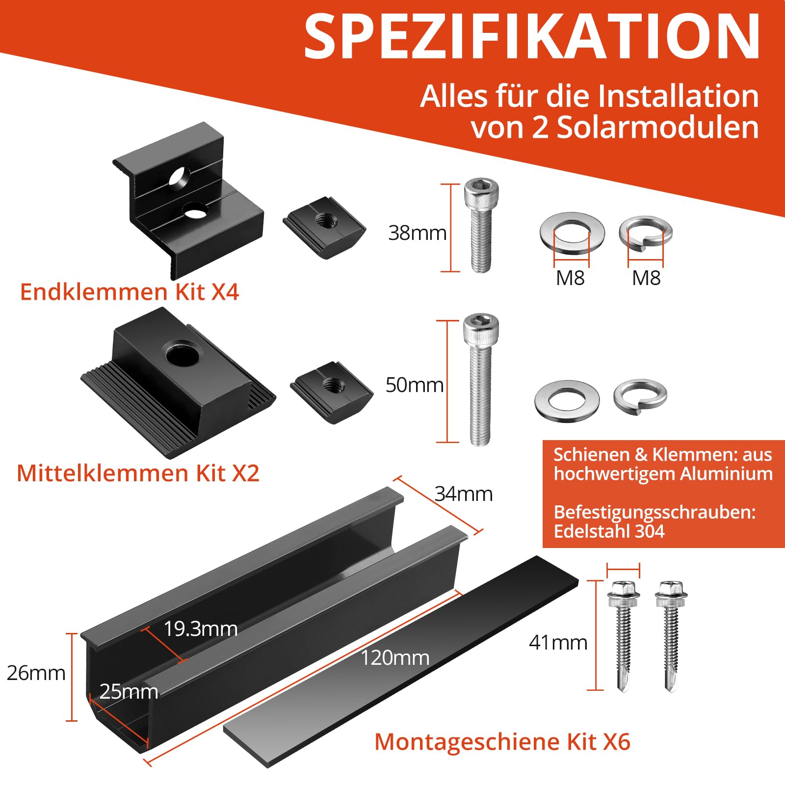 GETLITOOL Solarmodul Halterung, PV Halterung Montageset zur Montage 2 Module-12cm Alu Schiene, Verstellbare Klemme für 30-35MM Module, Solarpanel Halterung Flachdach Trapezblech Ziegeldach| Schwarz 2
