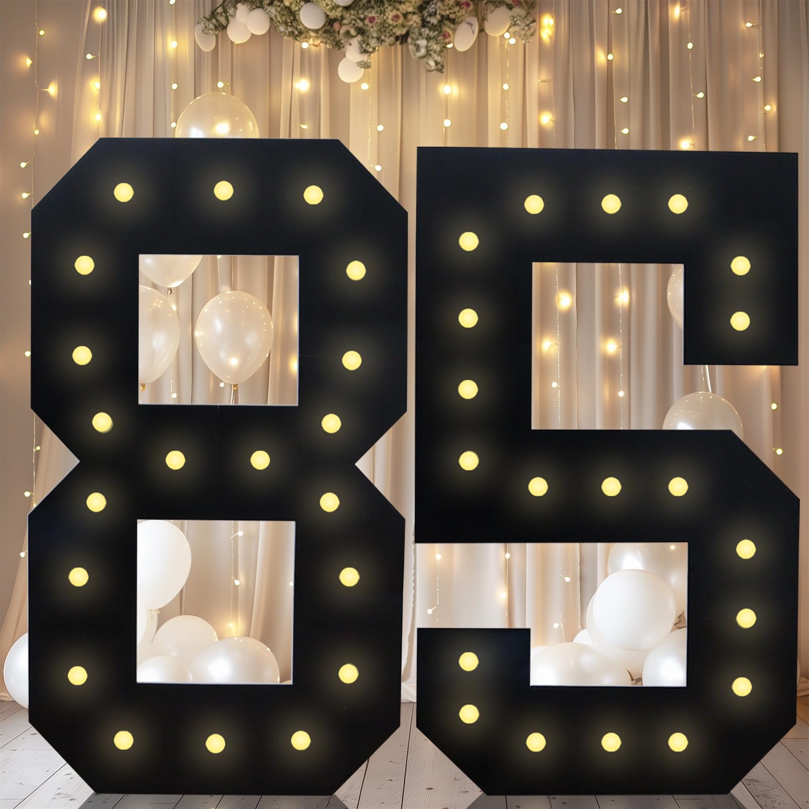 Photo 1 of 4FT Marquee Light Up Numbers, Black Giant Marquee Number Big Mosaic Number for 85th Birthday Party Decorations Backdrop 85 Anniversary Decor, Pre-Cut Frame Large Number 85
