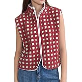 ATOFY Women's Checkered Sherpa Vest Sleeveless Winter Fleece Jacket Zip Up High Neck Warm Plaid Gilet with Pockets