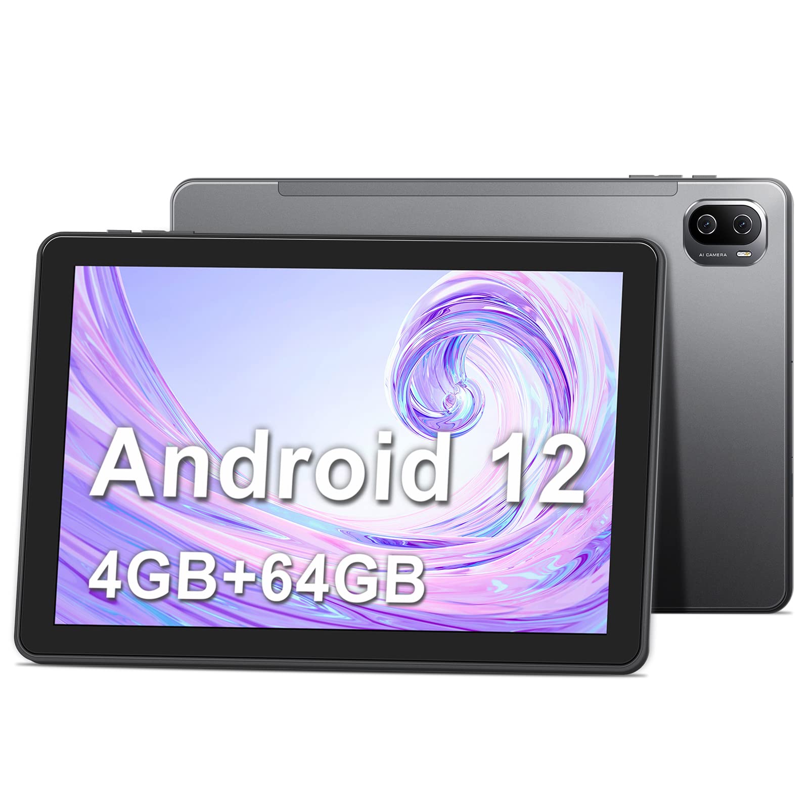 Haehne Tablet 10 inch, Android 12 Tablets PC, 1.6GHz Quad-Core Processor, 4GB RAM 64GB Storage, GMS Certified, 1280 * 800 HD IPS, 4500mAh, Dual Camera 2MP+5MP, Support WiFi, Bluetooth, GPS,Gray