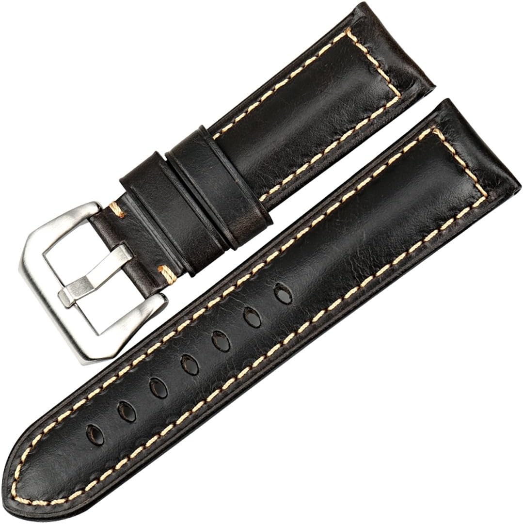 Vintage Oil Wax Leather Watch Strap 22mm 24mm 26mm Watchband with Stainless Steel Buckle Watch Band (Band Width 22mm, Black+Silver Clasp)