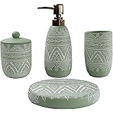 Hymmah Green Bathroom Accessories Set,Farmhouse Bathroom Decor,4 Pcs Resin Gift Set Apartment Necessities, Contain Cotton Swab Jar,Soap Dispenser,Tumbler，Soap Dish/Tray