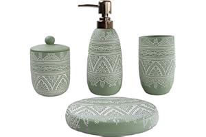 Hymmah Green Bathroom Accessories Set,Farmhouse Bathroom Decor,4 Pcs Resin Gift Set Apartment Necessities, Contain Cotton Swab Jar,Soap Dispenser,Tumbler，Soap Dish/Tray
