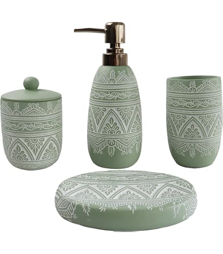 IVAILEX Set di 5 Accessori da Bagno in Vetro Blu con Dispenser per Iozioni, Portasapone, Portaspazzolino, Bicchiere, Bastoncini di Cotone, Decorazione Moderna per il Bagno, Regalo Vintage