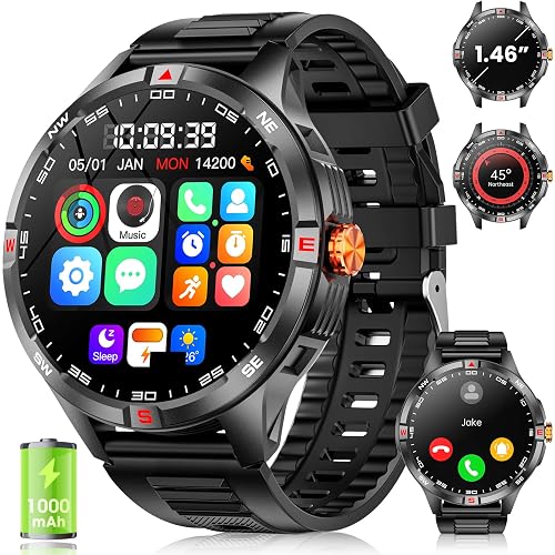 Haulvean Military Smart Watch for Men Answer/Make Calls,1.46''HD Fitness Watch with 1000 mAh Battery,IP67 Waterproof Fitness Tracker with 24/7 Heart Rate SpO2 and Sleep Monitor for Android iOS