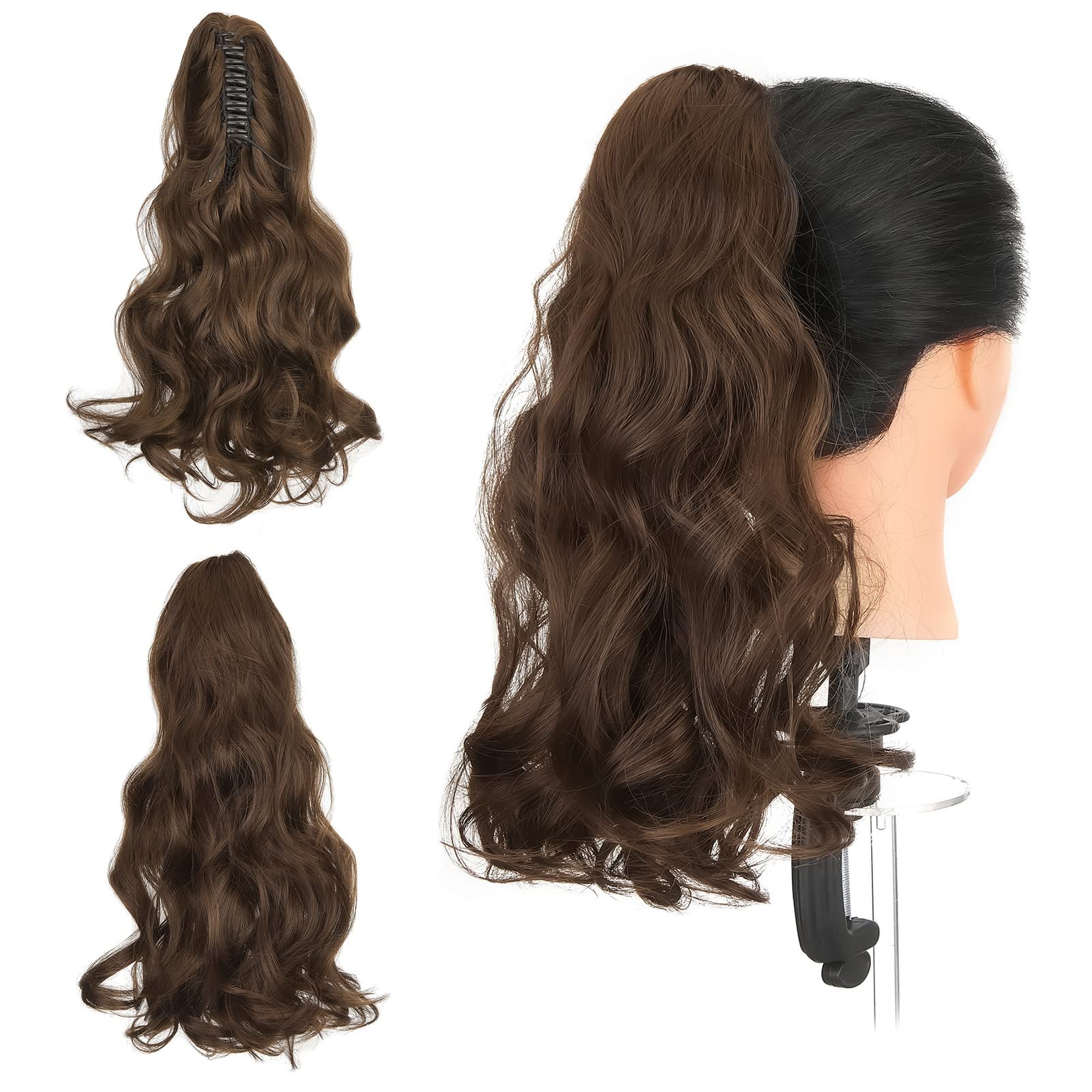 Gairyan 18" Clip in Ponytail Hair Extensions Curly Wave Ponytail Extension Claw on Pony tails Long Wavy Synthetic Hairpieces for Women (Dark Brown & Light Auburn) — image 1