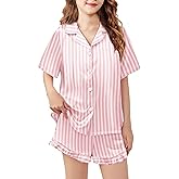 Arshiner Girls Pajamas Silk Satin Pajama Set 2 Piece Button Down Pjs Ruffle Sleepwear