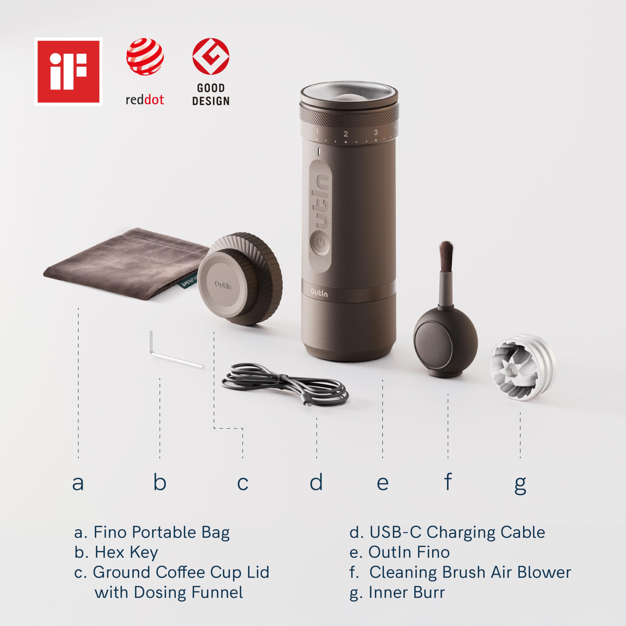 OutIn Fino Tragbare Elektrische Kaffeemühle Kegelmahlwerk - 28 Externe Mahlstufen, 7-Stern-Edelstahlkonus & Ein-Knopf-Bedienung, Kompakte Kaffeemühle Espresso mit Schnellladung, für Reise & Haushalt 2