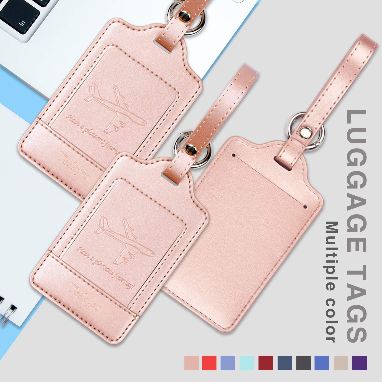  | Luggage Tags, 3 Pack Teskyer Premium PU Leahter Luggage Tags Privacy Protection Travel Bag Labels Suitcase Tags-Rose gold | Luggage Tags