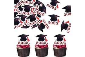 Fyeoxle 42pcs Edible Graduation Cap Cupcake Toppers Wafer Paper Red Class of 2025 Cake Decorations Edible Grad Cap Cupcake Picks for 2025 Graduation Theme Party Cake Decor Supplies