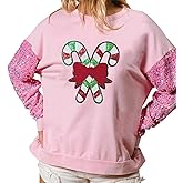 Muineobuka Women Christmas Sequin Sweatshirt Cute Santa Cane Candy Print Long Sleeve Oversized Pullover Sparkly Xmas Shirt