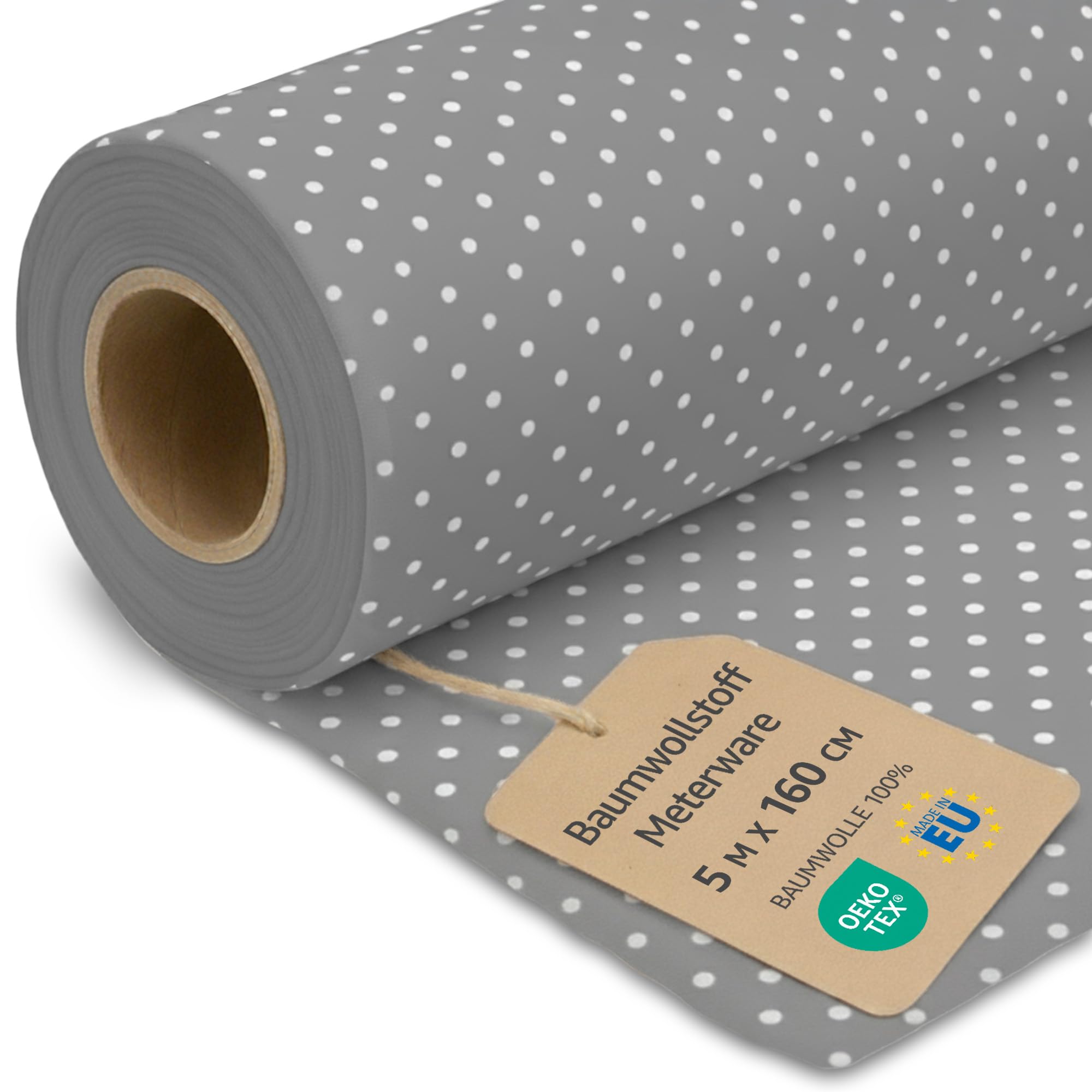 Fabric by the Meter Cotton 5 M x 160 cm - Fabrics for Sewing Decoration and DIY Projects Ideal for Clothing Home Textiles and craftwork Oeko-Tex Gray with White dots