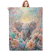 VANZEV Baby Elephant in Floral Meadow Blanket Gifts for Women, Animal Theme Flannel Blanket, Soft Warm Lightweight Throw Blankets for Bedding Sofa Couch Home Travel Decor 50" x 60"