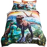 ADASMILE A & S 6 Pieces Kids Boys Dinosaur Comforter Set Full Size 3D Jungle T-Rex Dino Printed Bedding Sets with Colorful Dinosaurs Bed Sheets and Pillowcases Soft Lightweight All Season Room Decor