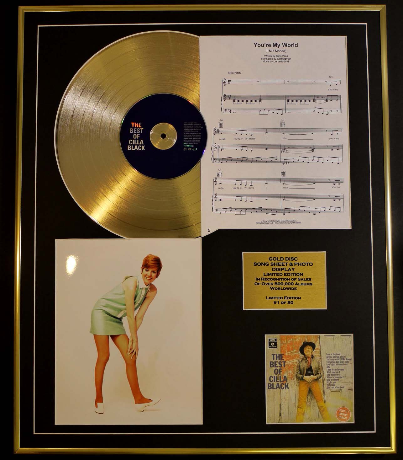 CILLA BLACK/CD GOLD DISC, SONG SHEET & PHOTO DISPLAY/LTD. EDITION/COA/ALBUM, CILLA IN THE 60'S/SONG SHEET, YOU'RE MY WORLD