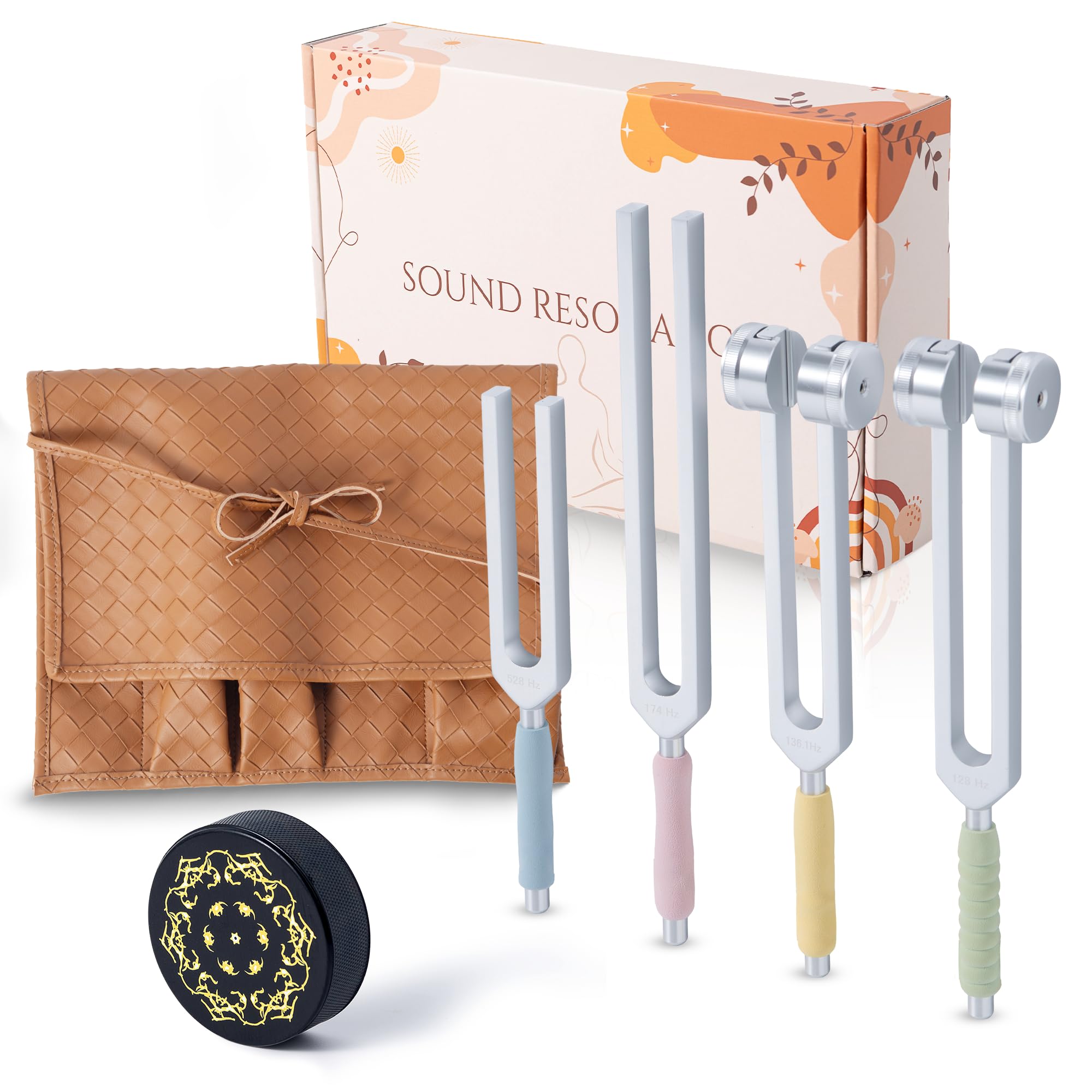 Photo 1 of Tuning Forks for Healing Set, Including Four Frequency 128Hz, 136.1Hz, 174Hz, 528Hz Yoga and Meditation Accessories, Chakra Sound Therapy Instruments with Tuning Fork Activator and Vegan Leather Pouch