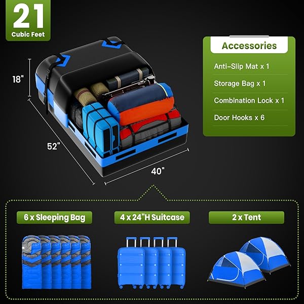 APTY 21 CUBIC FEET CAR ROOFTOP CARGO BAG CARRIER, SOFT ROOF TOP LUGGAGE BAG FOR ALL VECHICLES WITH/WITHOUT RACKS – WITH WATERPROOF ZIP, LUGGAGE LOCK, ANTI-SLIP MAT, STORAGE BAG, DOOR HOOKS, BLUE